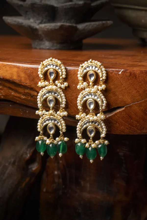 Emeralds Pearls Chand Kundan Earrings