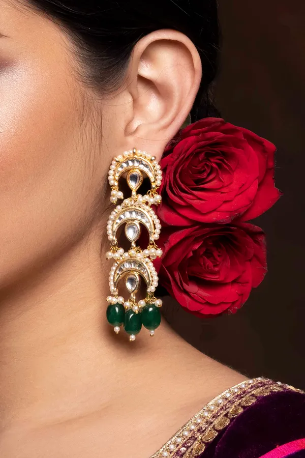 Emeralds Pearls Chand Kundan Earrings