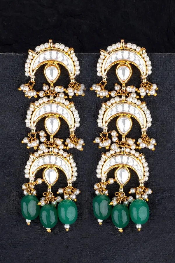 Emeralds Pearls Chand Kundan Earrings