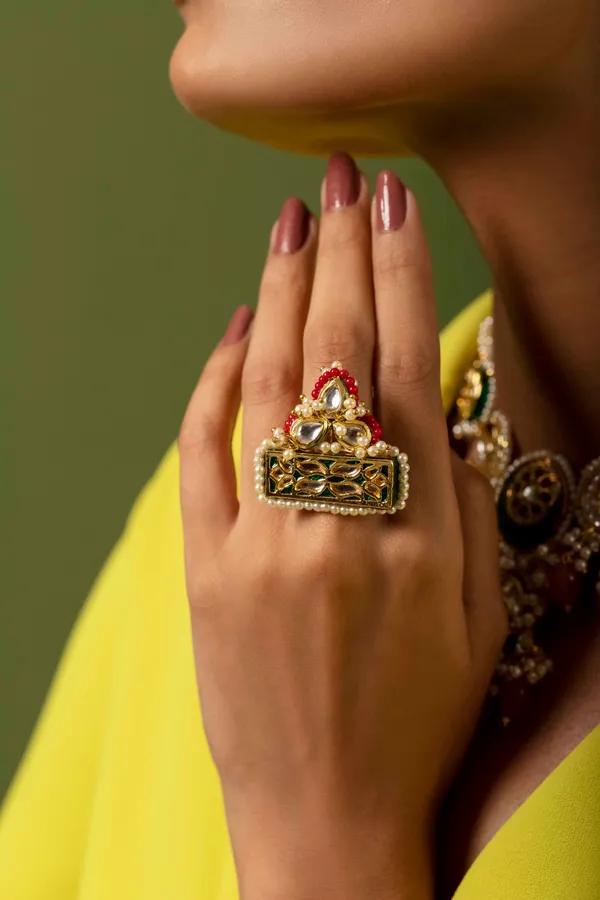 Red & Green Kundan Ring