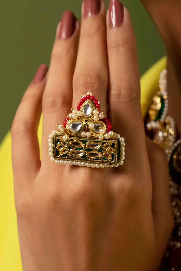Red & Green Kundan Ring