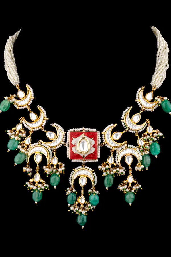 Red Meena Chand Emeralds Kundan Necklace