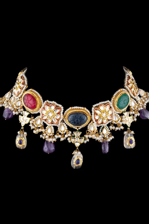 Emeralds Amethyst with Yellow Citrine Drops Kundan Choker