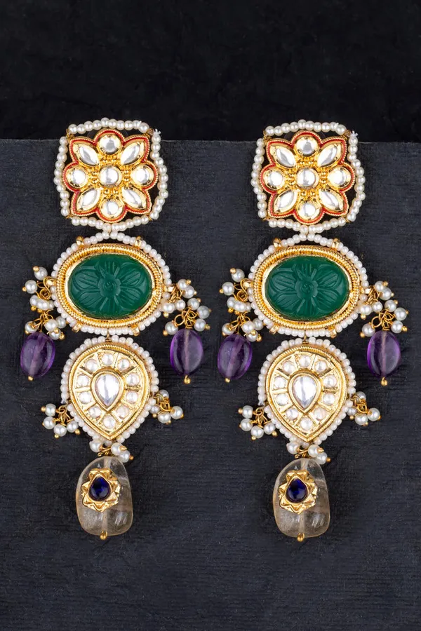 Emeralds Amethyst with Yellow Citrine Drops Kundan Earrings