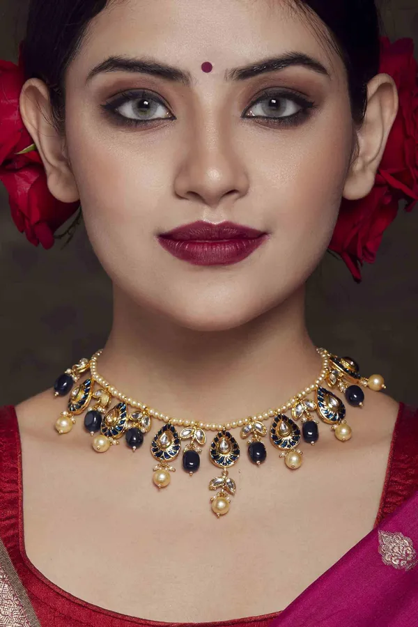 Blue Meenakari Pearl Drop Kundan Necklace