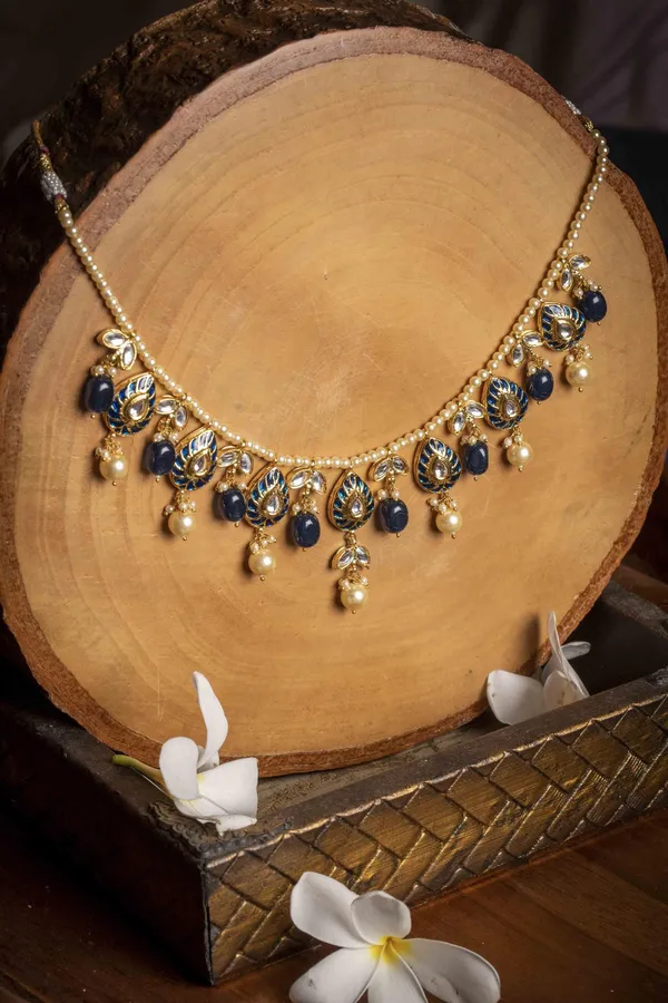 Blue Meenakari Pearl Drop Kundan Necklace