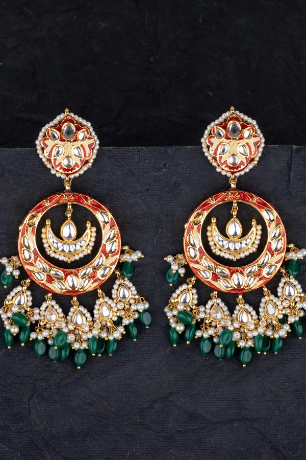Graceful Red Meenakari and Emeralds Chandbali
