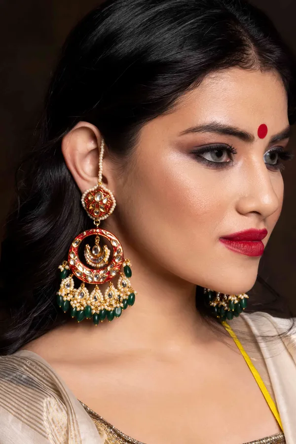 Graceful Red Meenakari and Emeralds Chandbali