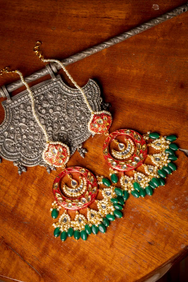Graceful Red Meenakari and Emeralds Chandbali