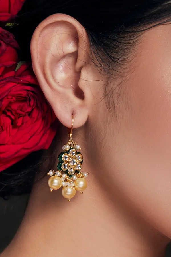 Pearl Drop with Flower Motif Kundan Earrings