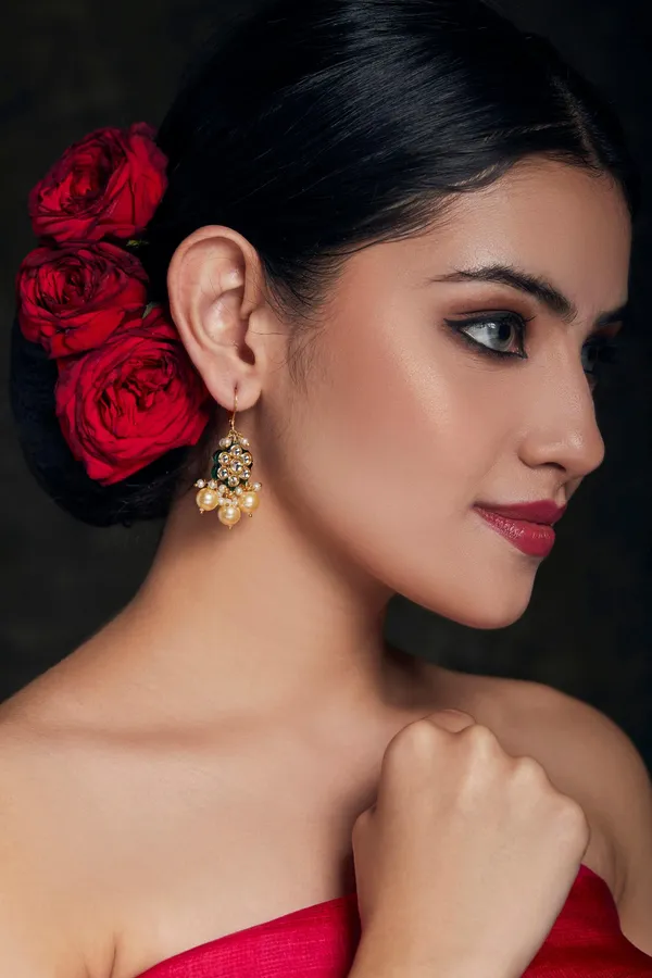 Pearl Drop with Flower Motif Kundan Earrings