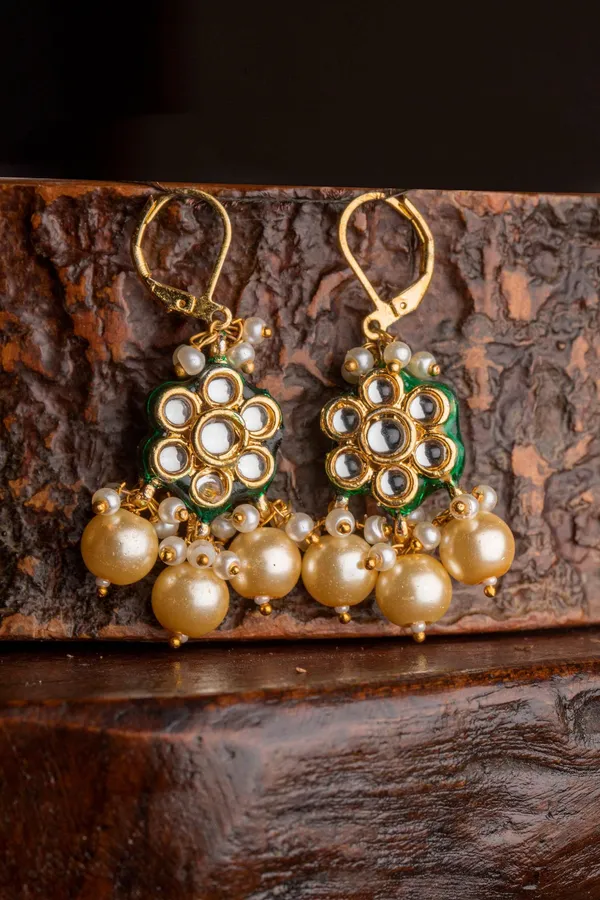 Pearl Drop with Flower Motif Kundan Earrings
