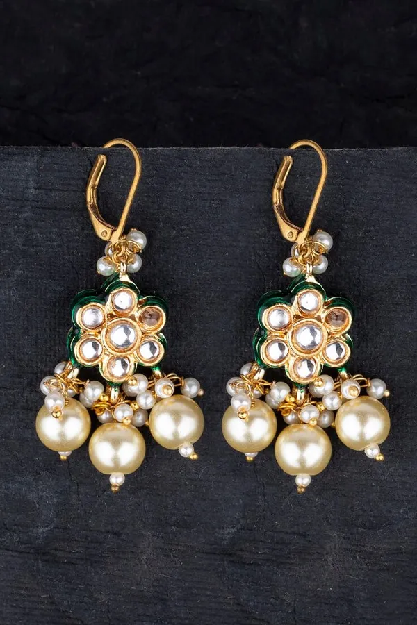 Pearl Drop with Flower Motif Kundan Earrings