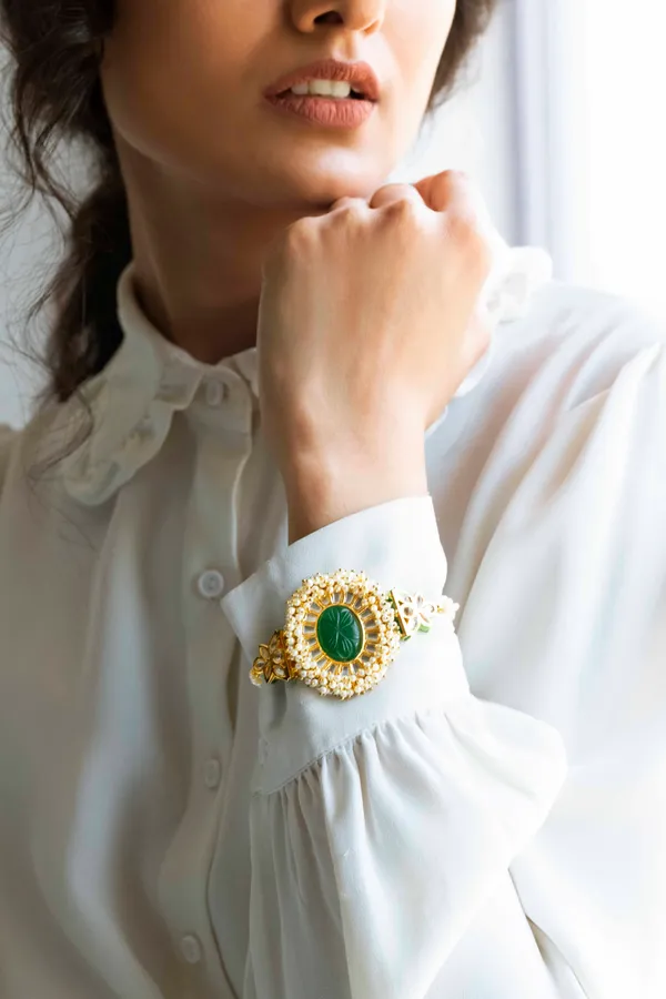 Emeralds with Pearls Kundan Oval Bracelet