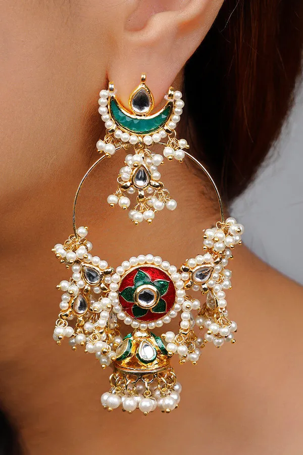 Green & Red Meenakari with Pearls Chandbali Earrings