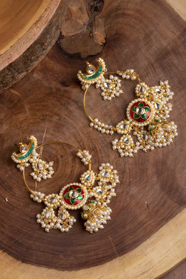 Green & Red Meenakari with Pearls Chandbali Earrings