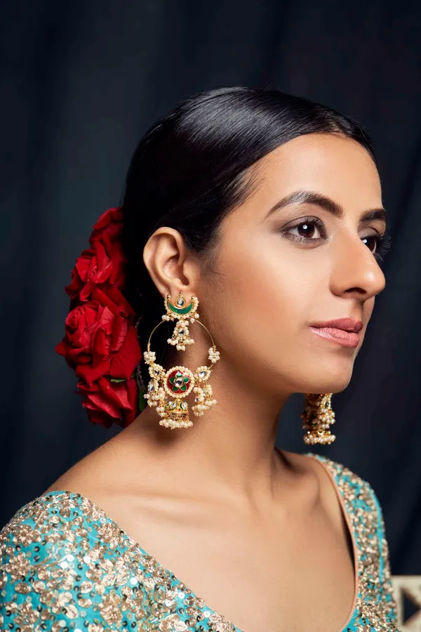 Green & Red Meenakari with Pearls Chandbali Earrings