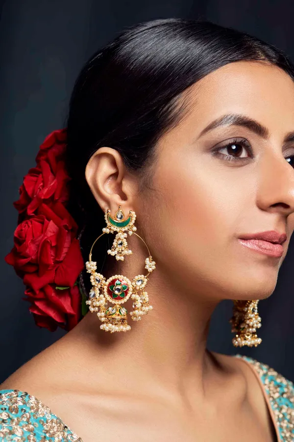Green & Red Meenakari with Pearls Chandbali Earrings