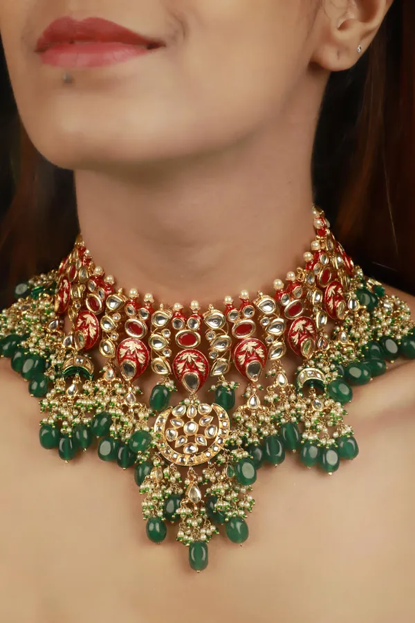 Red & Green Enamred Kundan Choker