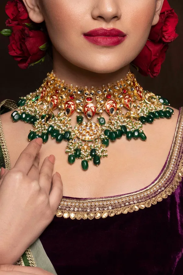 Red & Green Enamred Kundan Choker
