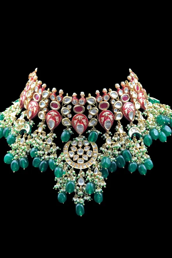 Red & Green Enamred Kundan Choker