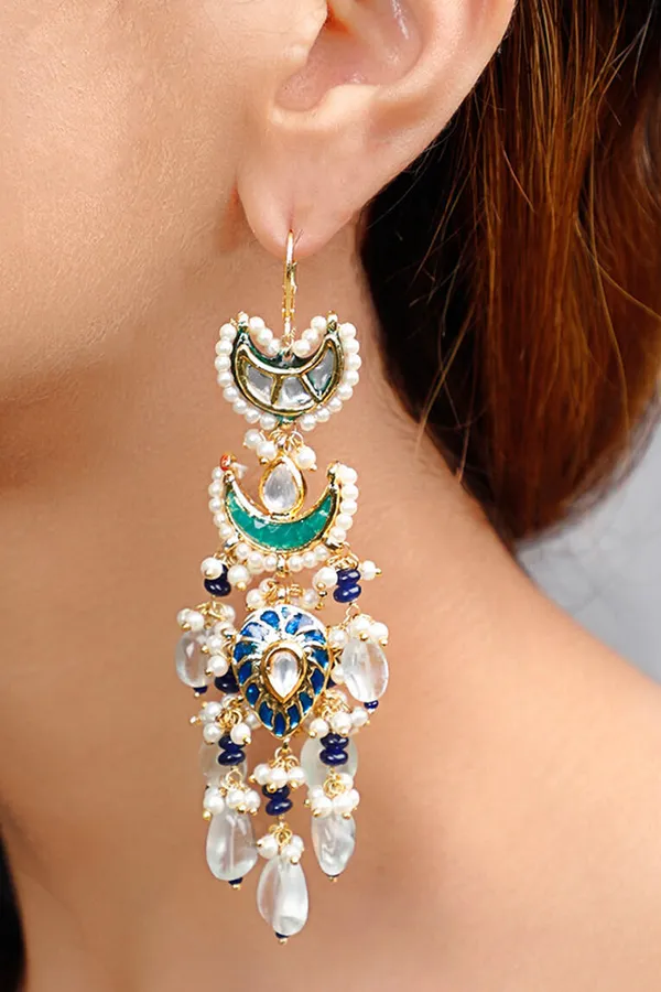 Green & Blue Kundan Chand Earrings