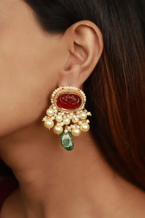 Red Ruby & Pearls Drop Earrings