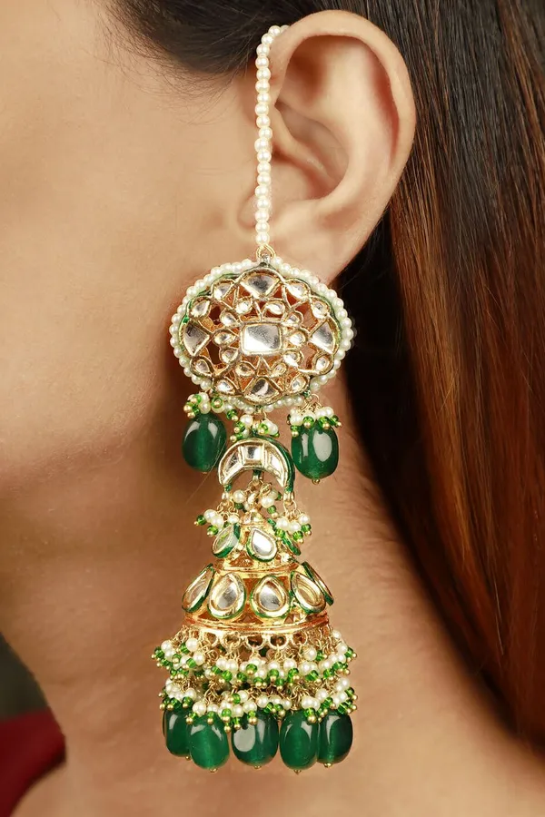 Green Pearl & Kundan Jhumki Earrings