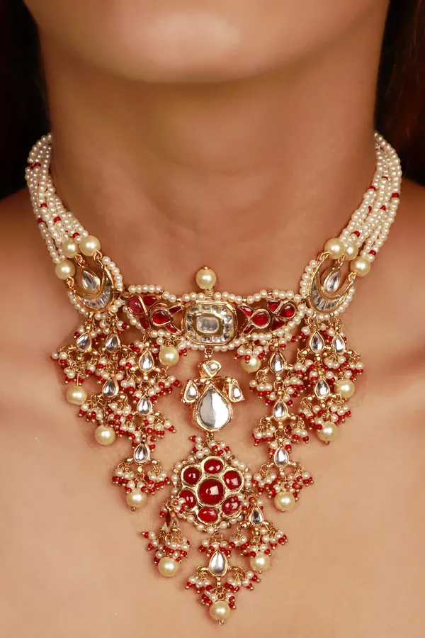 Red Kundan and Pearl Jadai Necklace