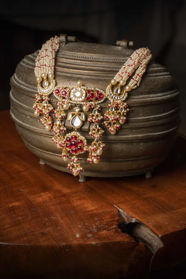 Red Kundan and Pearl Jadai Necklace