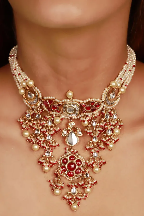 Red Kundan and Pearl Jadai Necklace