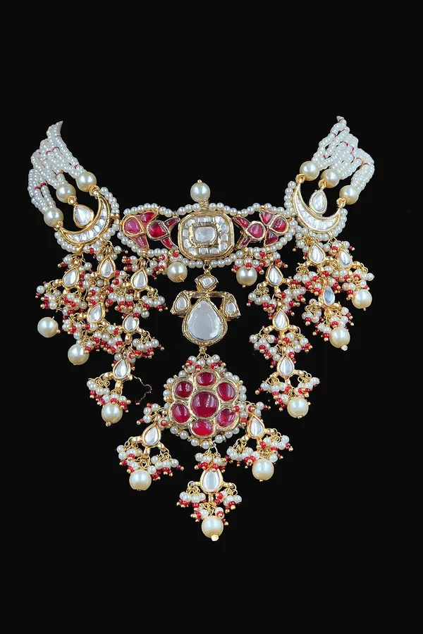 Red Kundan and Pearl Jadai Necklace