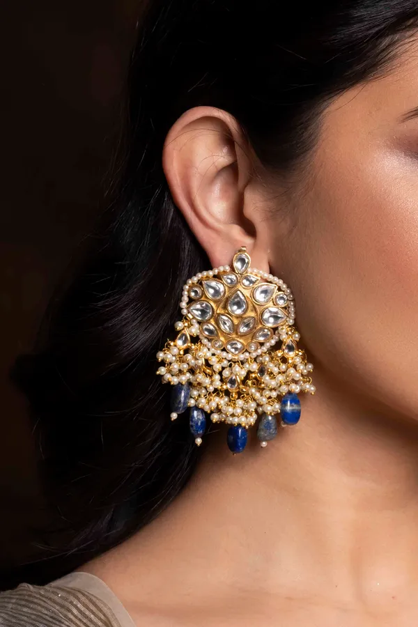 Blue Lapis Gold Toned Kundan Earrings