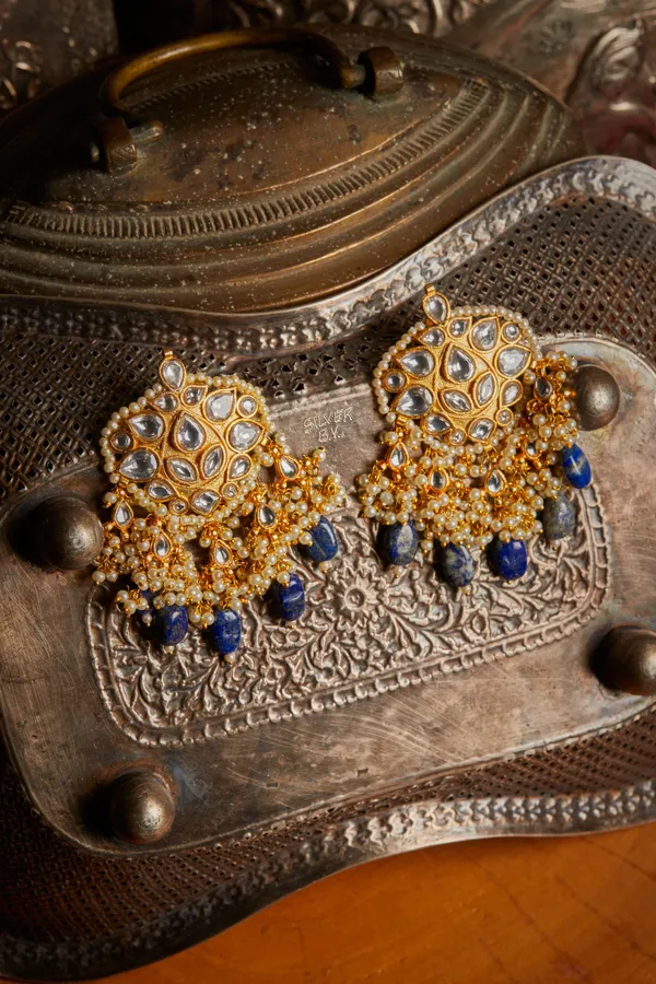 Blue Lapis Gold Toned Kundan Earrings
