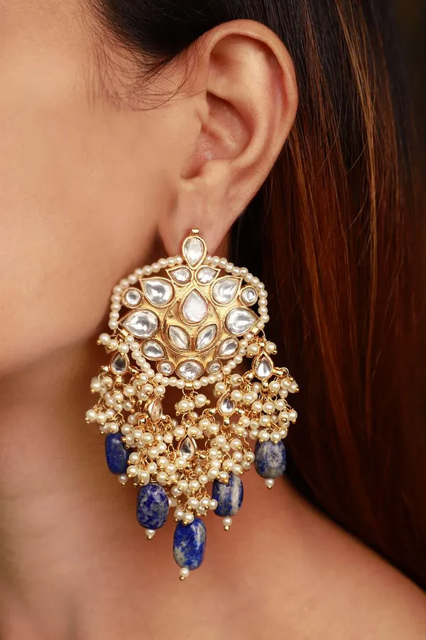 Blue Lapis Gold Toned Kundan Earrings