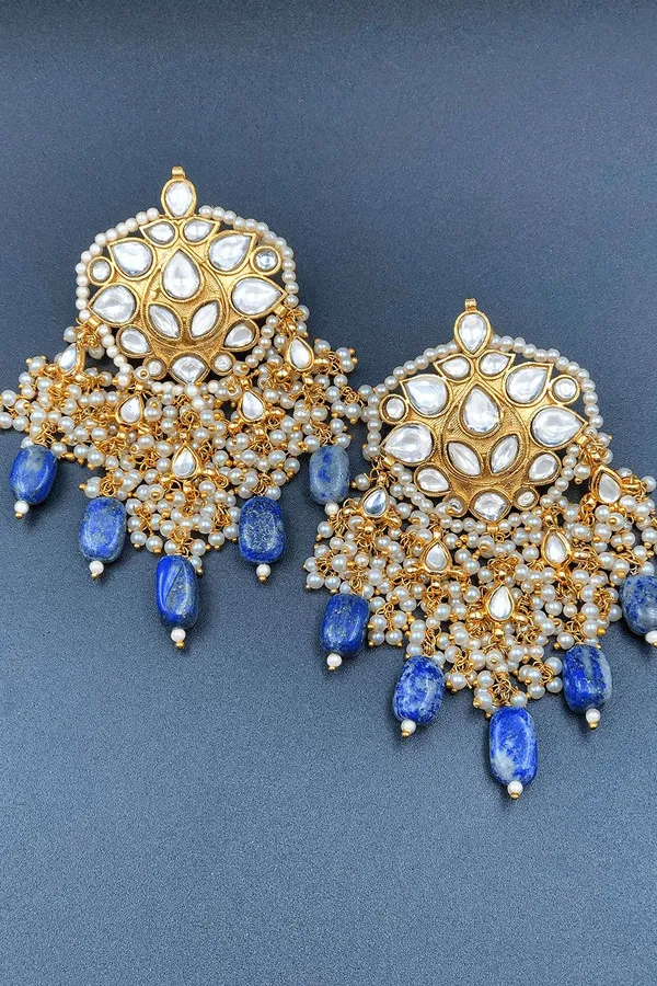 Blue Lapis Gold Toned Kundan Earrings