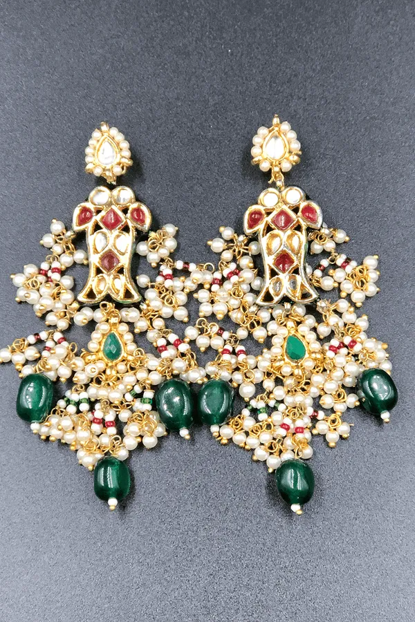 Red Fish Pearl And Emeralds Earrings
