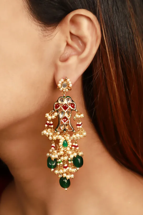 Red Fish Pearl And Emeralds Earrings