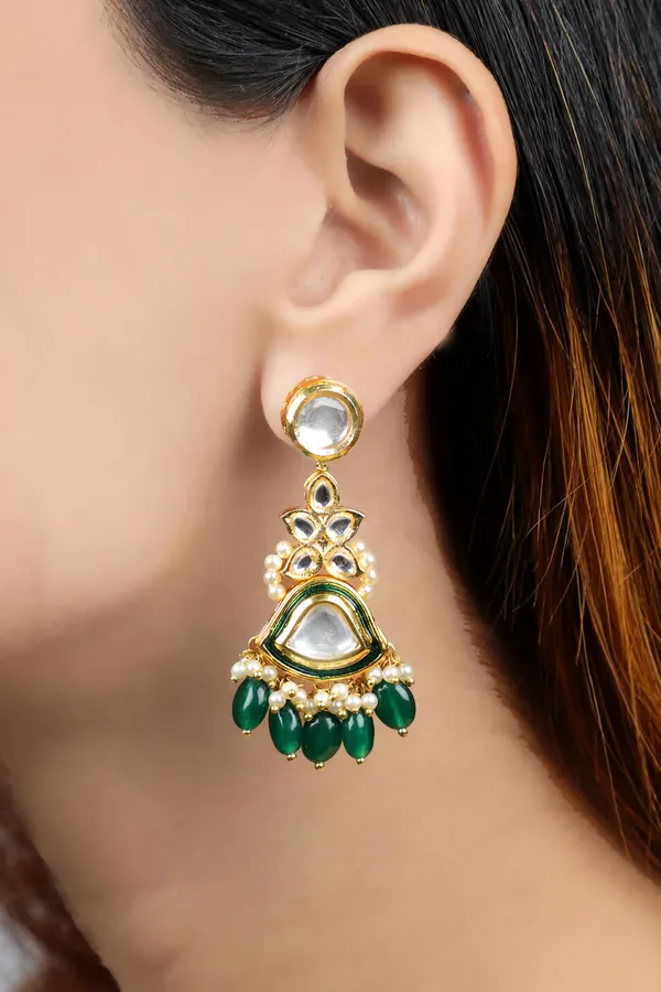 Green Emeralds with Pearls Drop Earrings