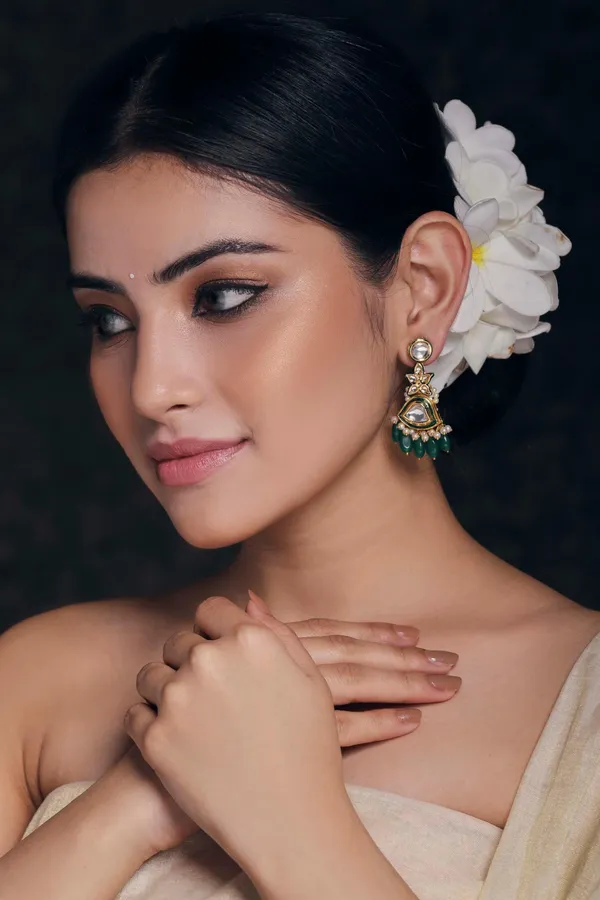 Green Emeralds with Pearls Drop Earrings