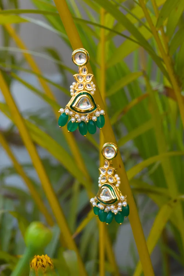 Green Emeralds with Pearls Drop Earrings
