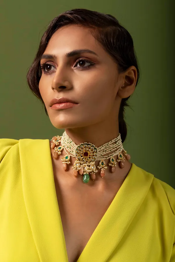 Red & Coral Peacock Motif Pearl & Kundan Choker Necklace