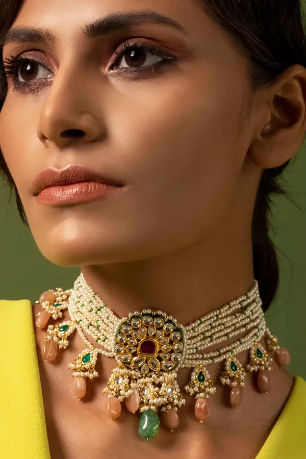 Red & Coral Peacock Motif Pearl & Kundan Choker Necklace