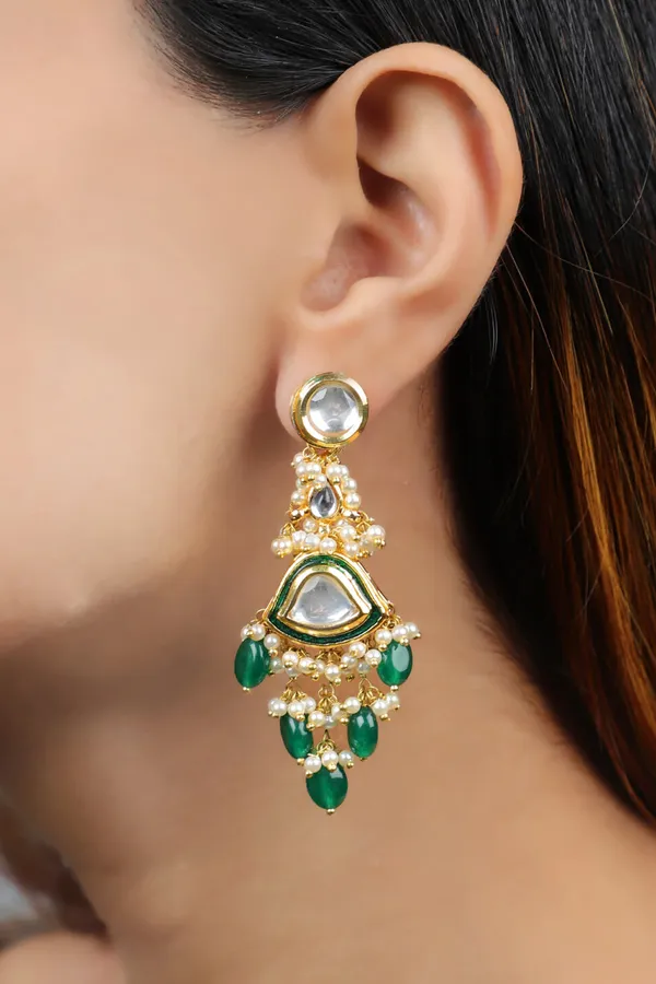 Green Stone & Kundan Earrings
