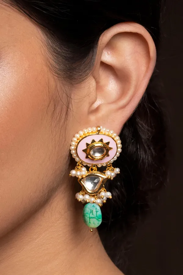 Pink Enamel Earrings with Green Drop