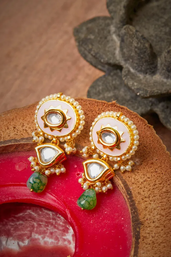 Pink Enamel Earrings with Green Drop