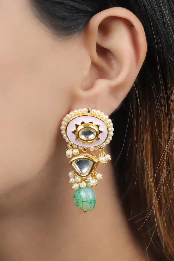 Pink Enamel Earrings with Green Drop