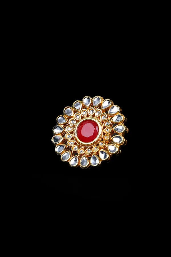 Red and Golden Double Layer Kundan Ring
