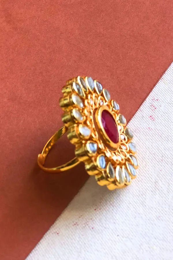 Red and Golden Double Layer Kundan Ring