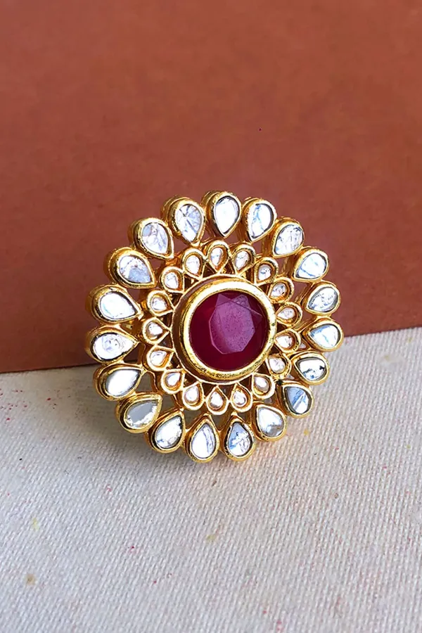 Red and Golden Double Layer Kundan Ring